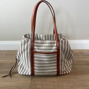 Navy and white linen tote bag.